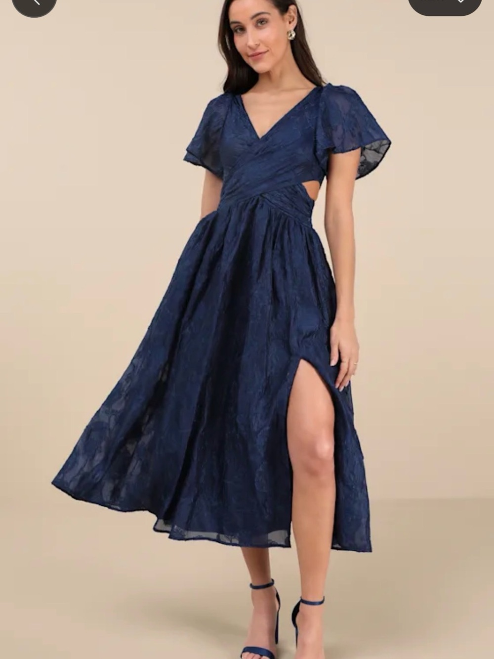 Lulus Elegant Navy Flutter-Sleeve Midi Dress with Side Slit
